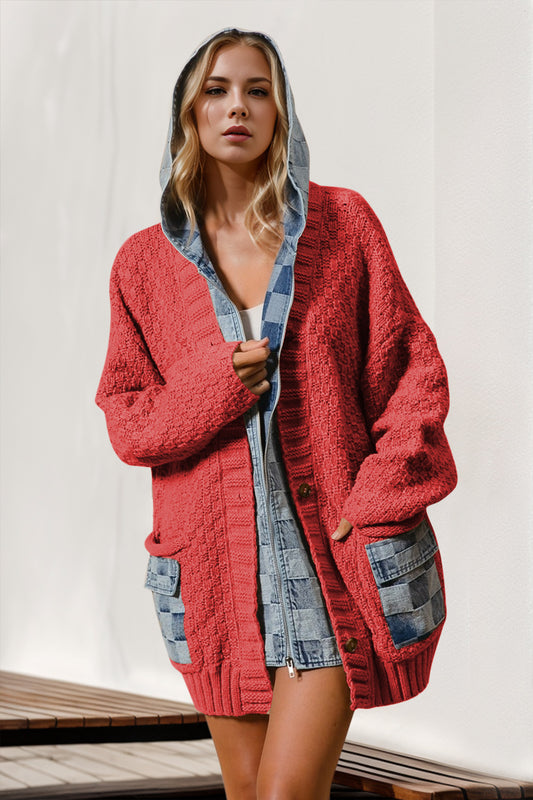 Women Full Size Hooded Denim Spliced Sweater Cardigan