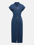 Load image into Gallery viewer, Women Slit Half Button Collared Neck Cap Sleeve Denim Dress