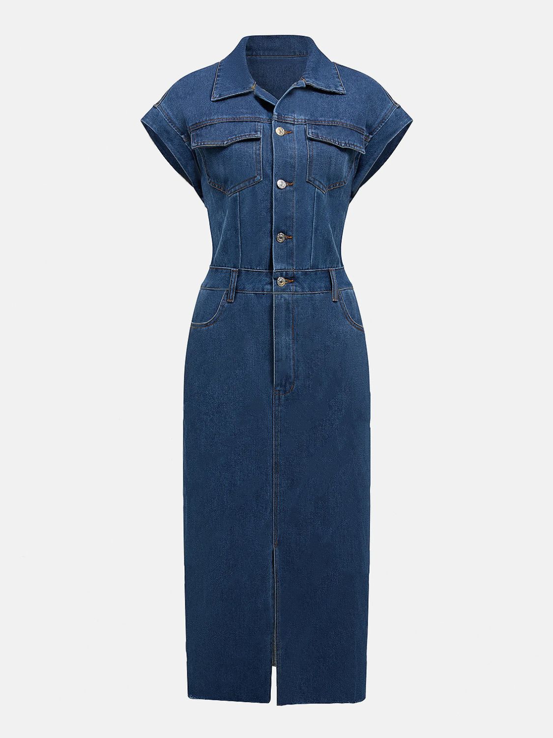 Women Slit Half Button Collared Neck Cap Sleeve Denim Dress