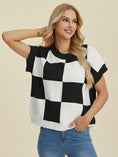Load image into Gallery viewer, Women Full Size Checkered Round Neck Short Sleeve Sweater
