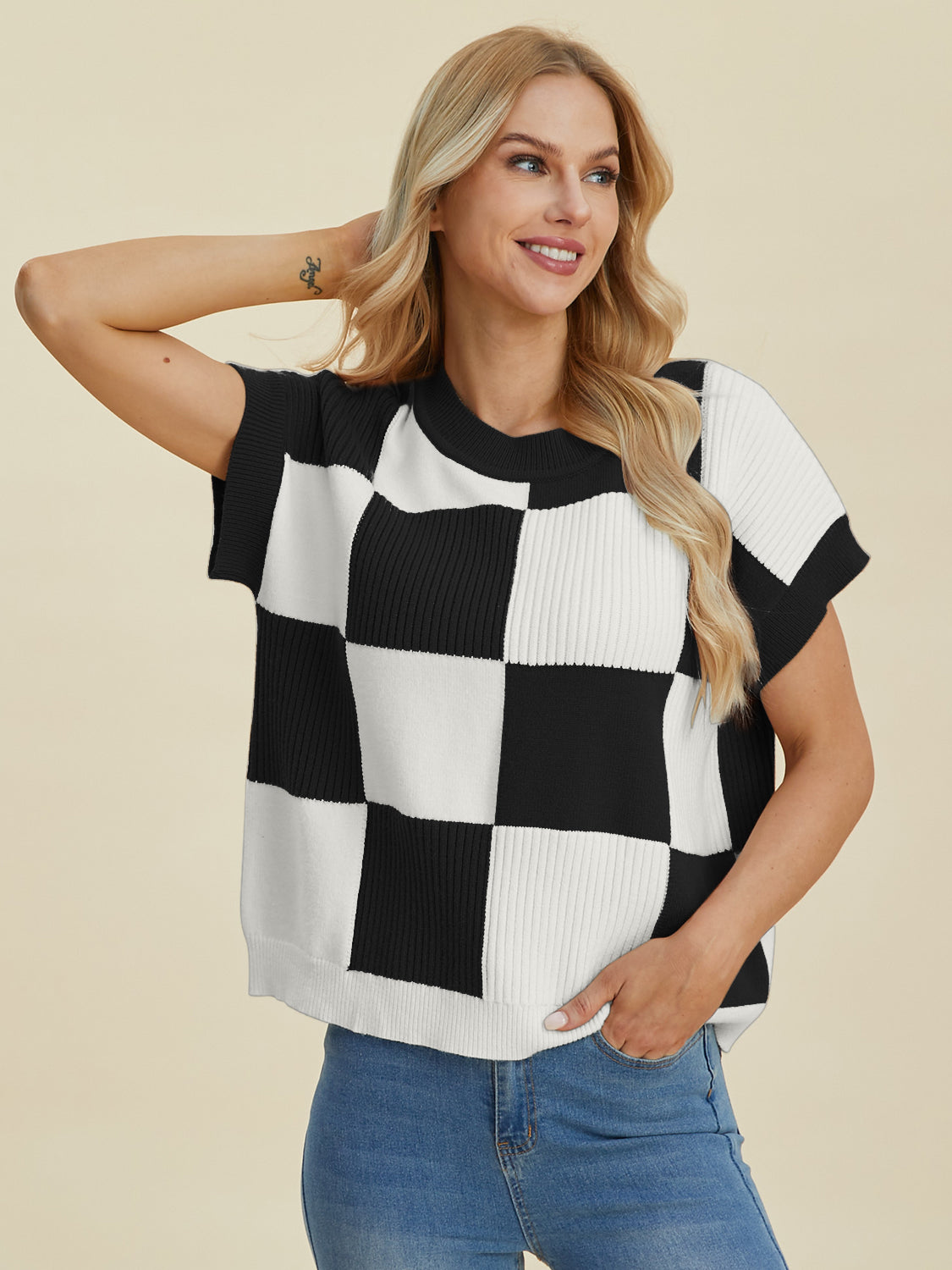 Women Full Size Checkered Round Neck Short Sleeve Sweater