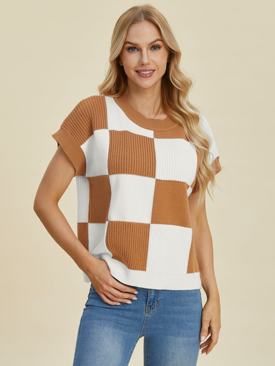 Women Full Size Checkered Round Neck Short Sleeve Sweater