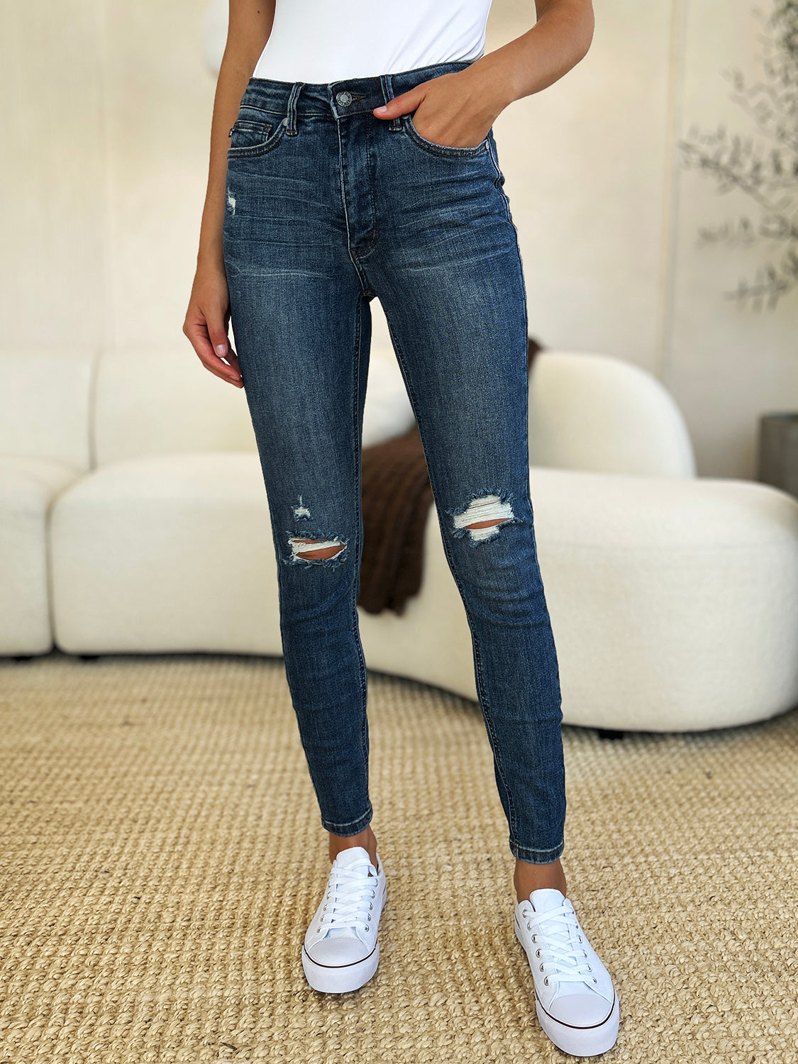 Women Full Size Mid Waist Distressed Slim Jeans