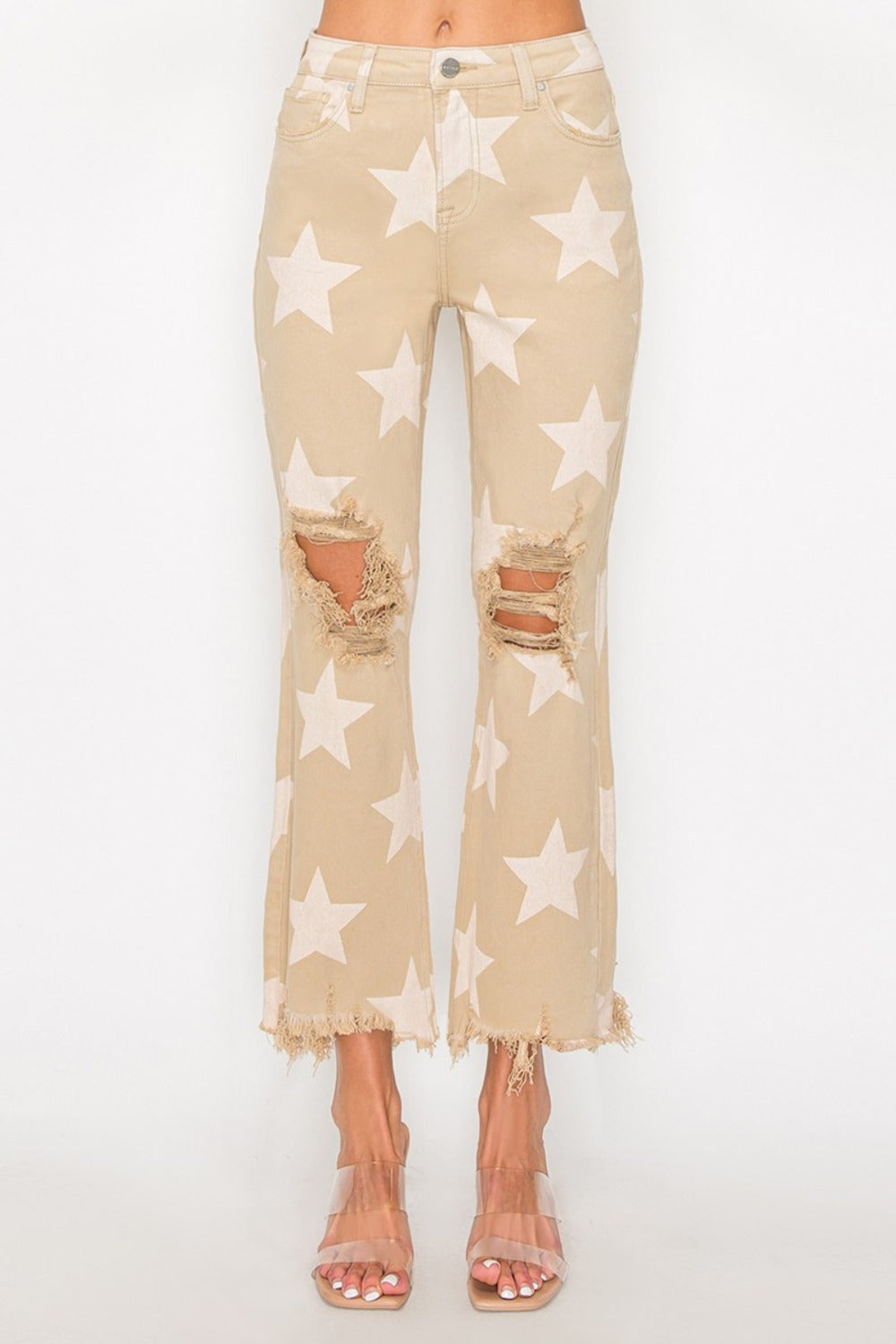 Women Full Size High Rise Star Printed Frayed Hem Jeans