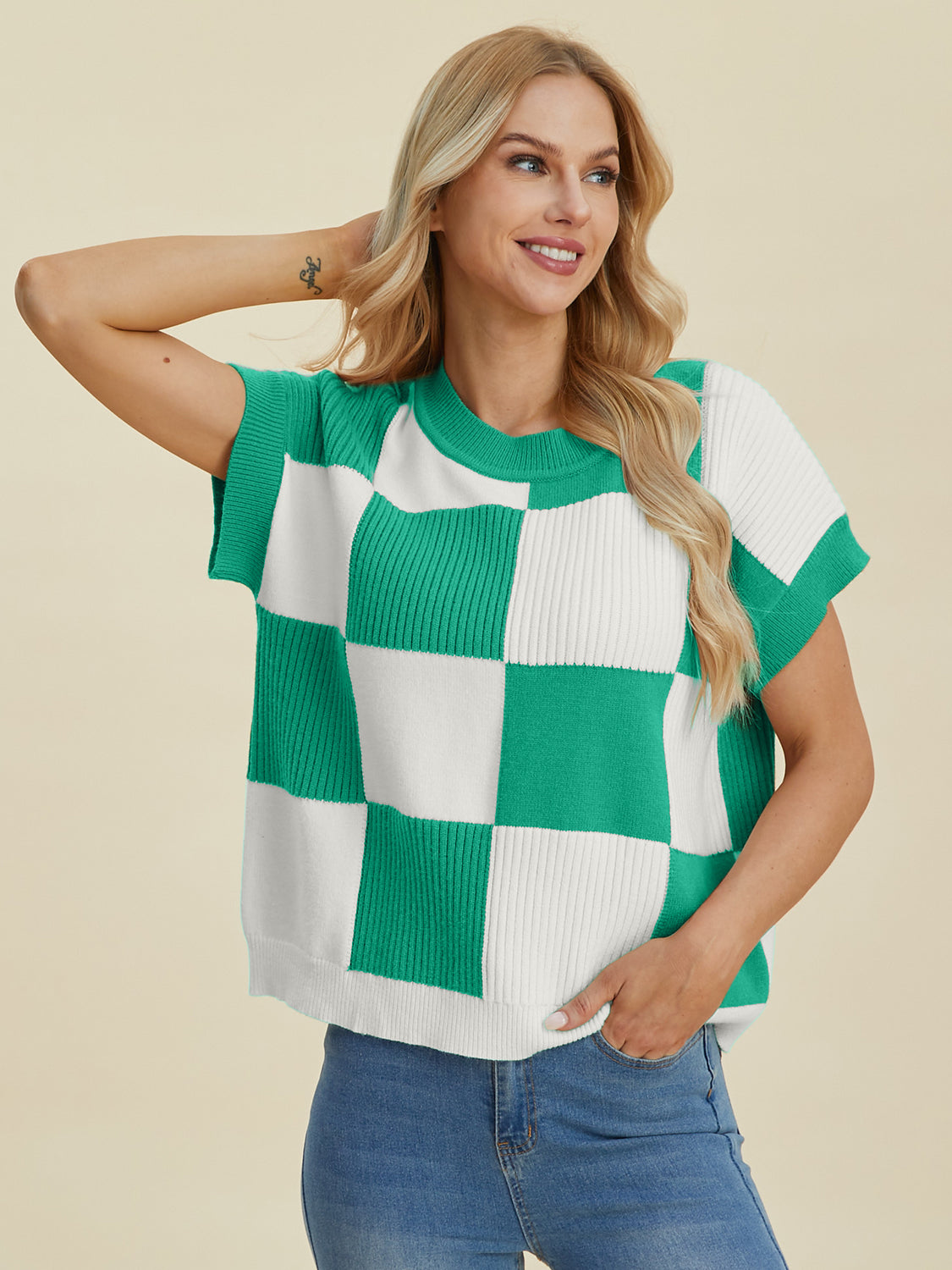 Women Full Size Checkered Round Neck Short Sleeve Sweater