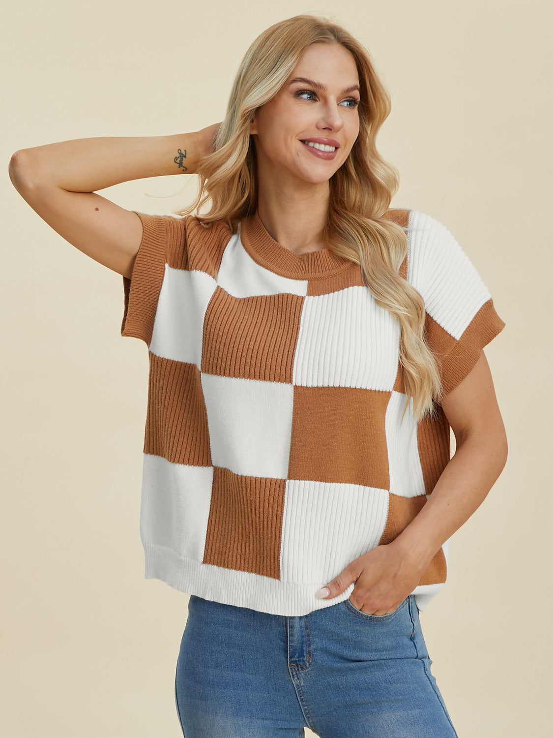 Women Full Size Checkered Round Neck Short Sleeve Sweater