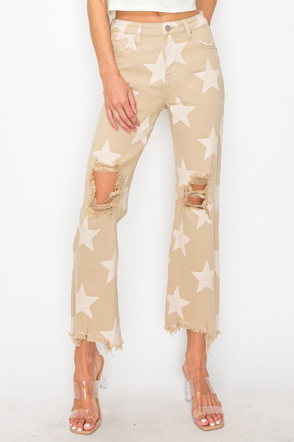 Women Full Size High Rise Star Printed Frayed Hem Jeans