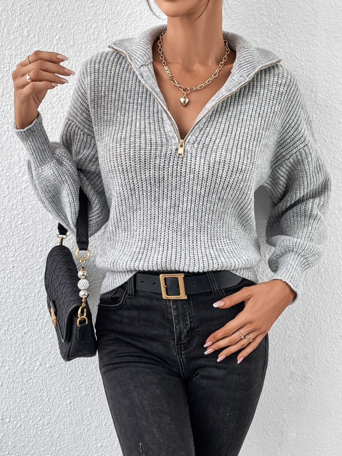 Women Half Zip Dropped Shoulder Sweater