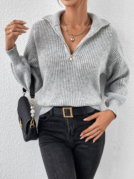 Women Half Zip Dropped Shoulder Sweater