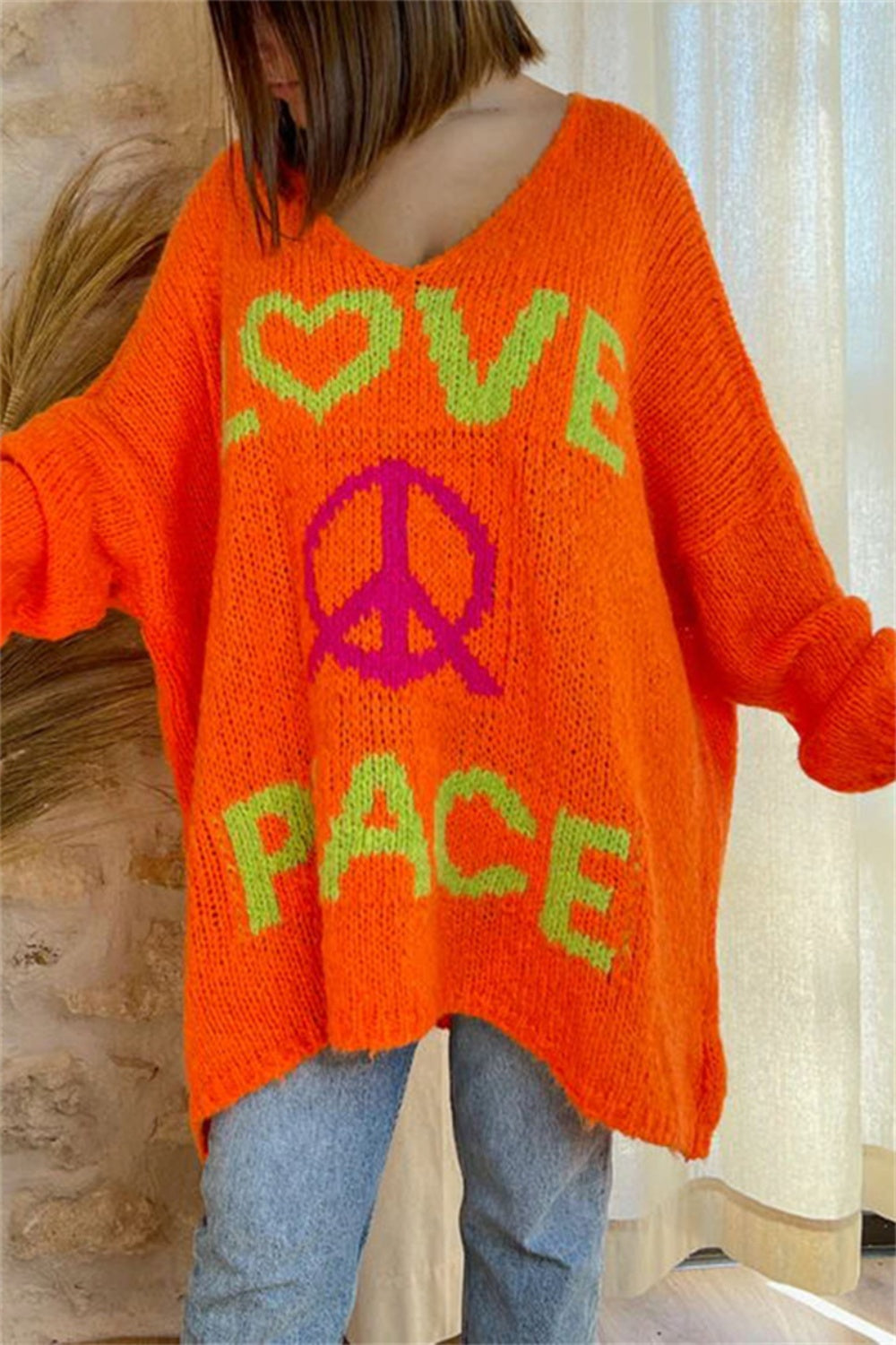 Women Peace Graphic V-Neck Long Sleeve Sweater
