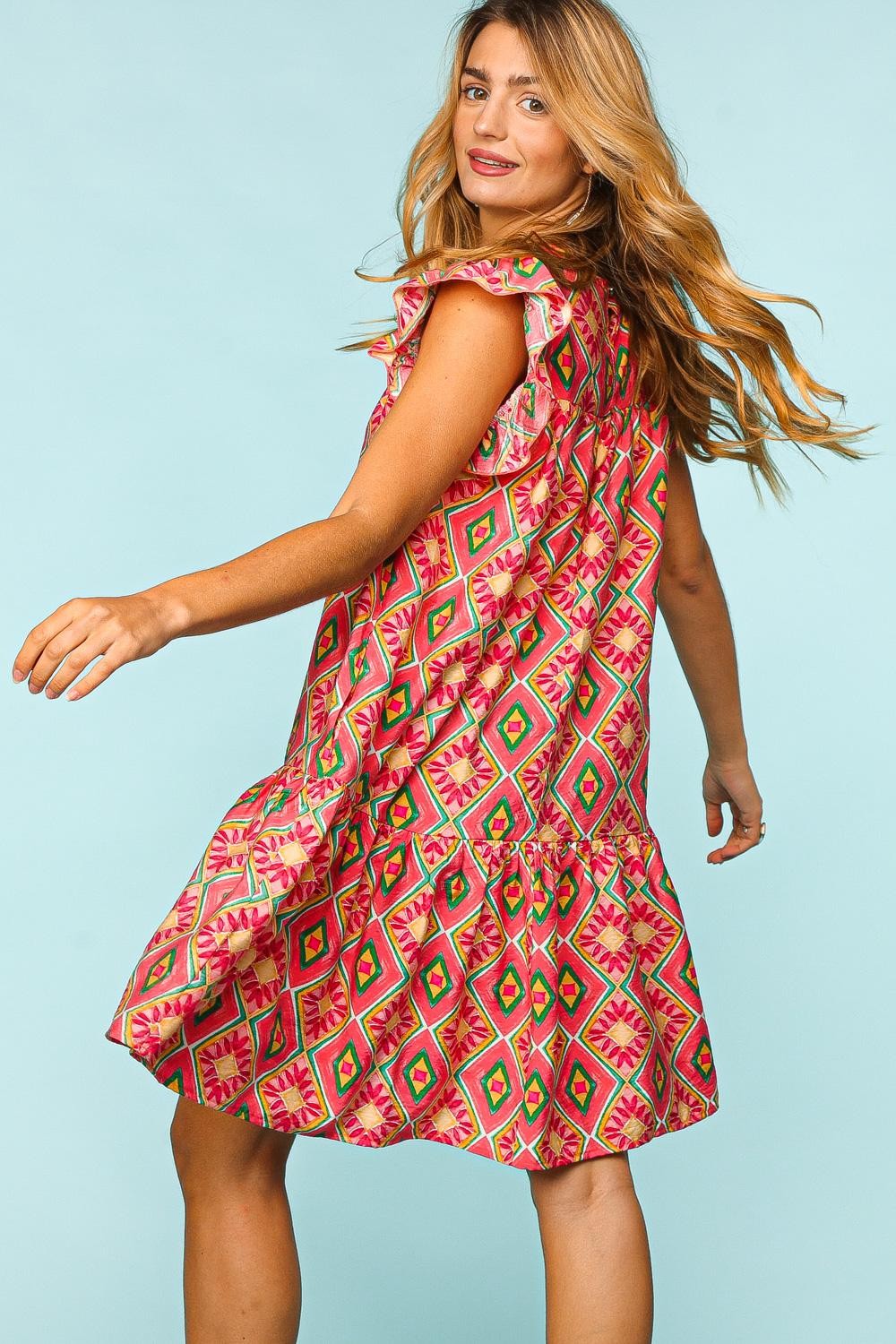 Women Full Size Ruffled Printed Dress with Side Pockets