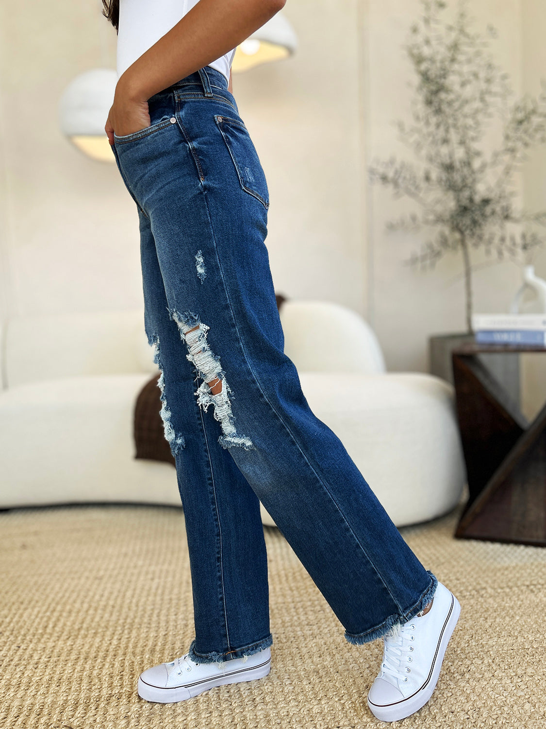 Women Full Size Mid Rise Distressed Raw Hem Jeans
