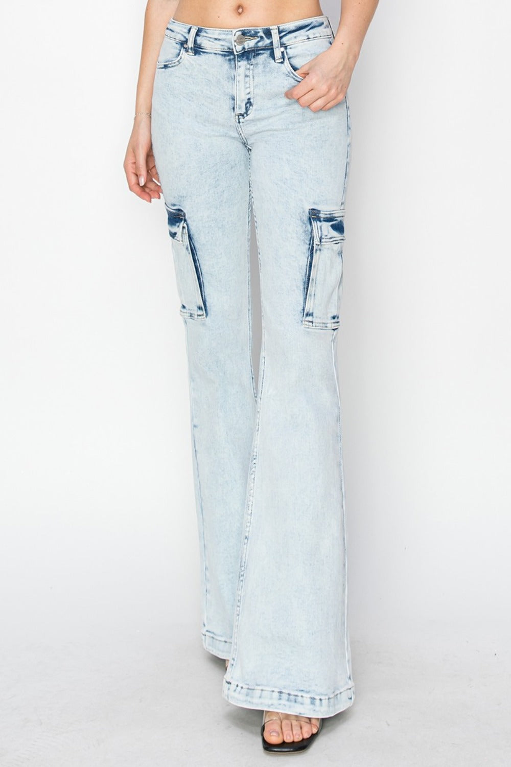Women Full Size High Rise Cargo Flare Jeans