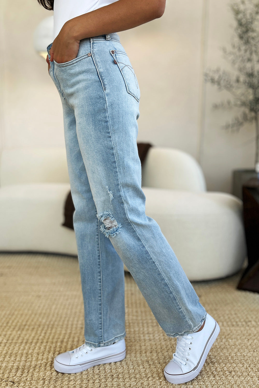 Women Full Size High Waist Distressed Straight Jeans