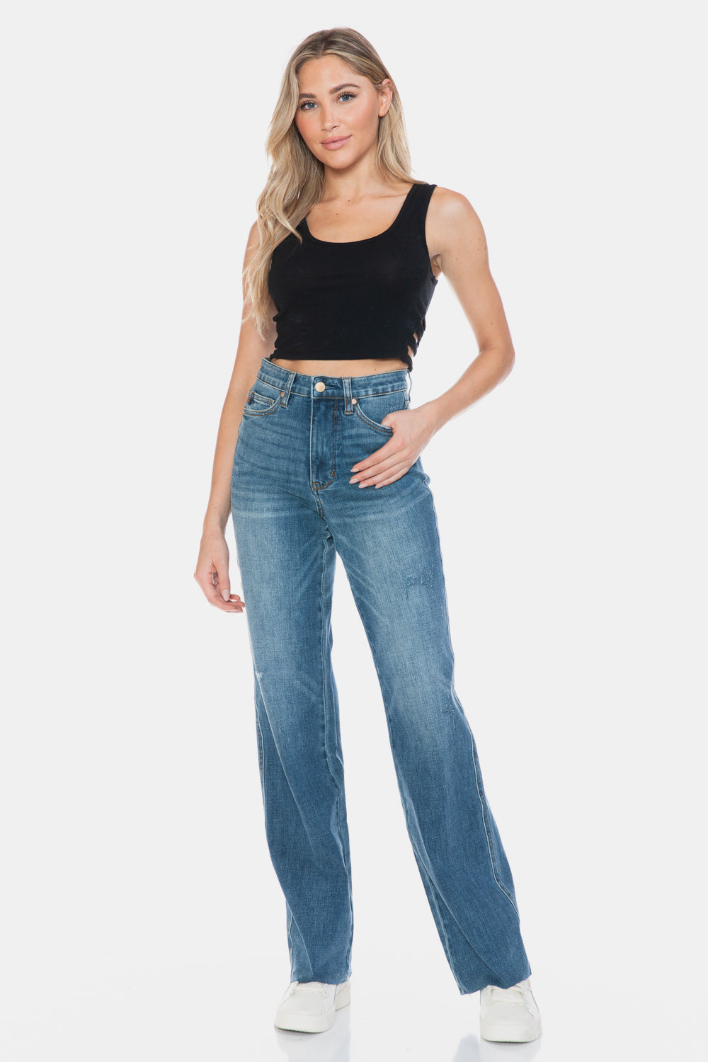 Women Full Size Tummy Control Cut Raw Hem Straight Jeans