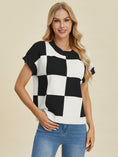Load image into Gallery viewer, Women Full Size Checkered Round Neck Short Sleeve Sweater