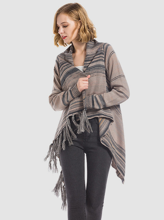 Women Tassel Striped Open Front Long Sleeve Cardigan