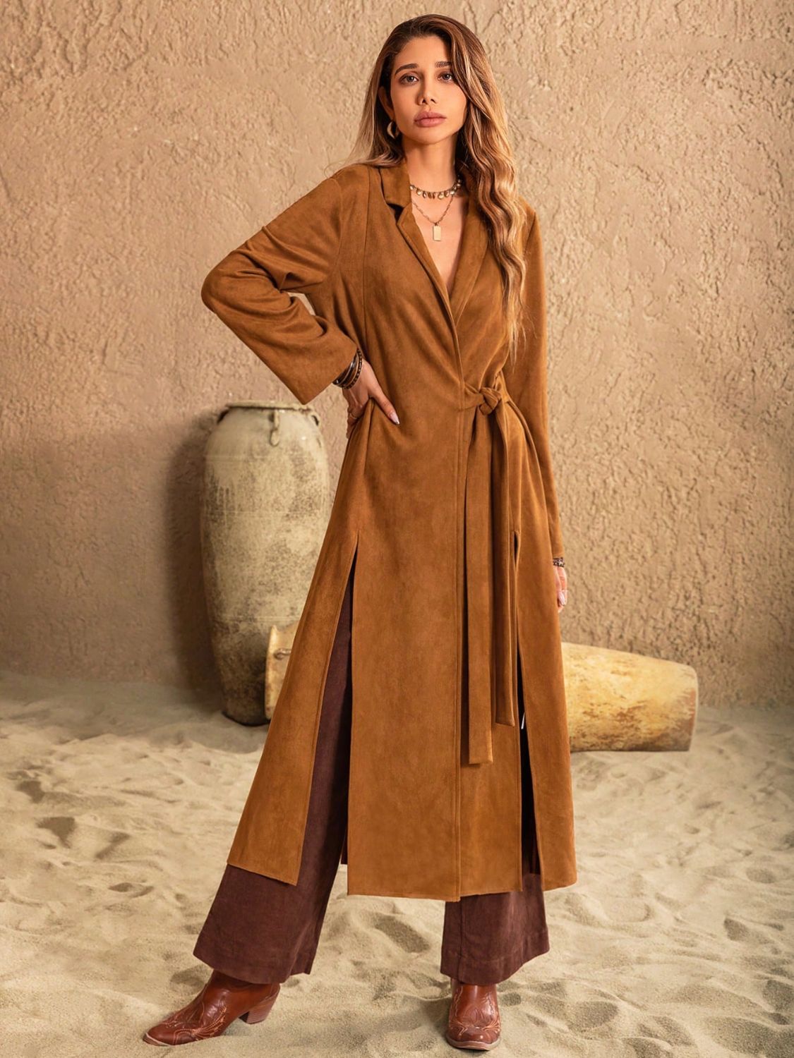 Women Slit Tied Collared Neck Longline Coat