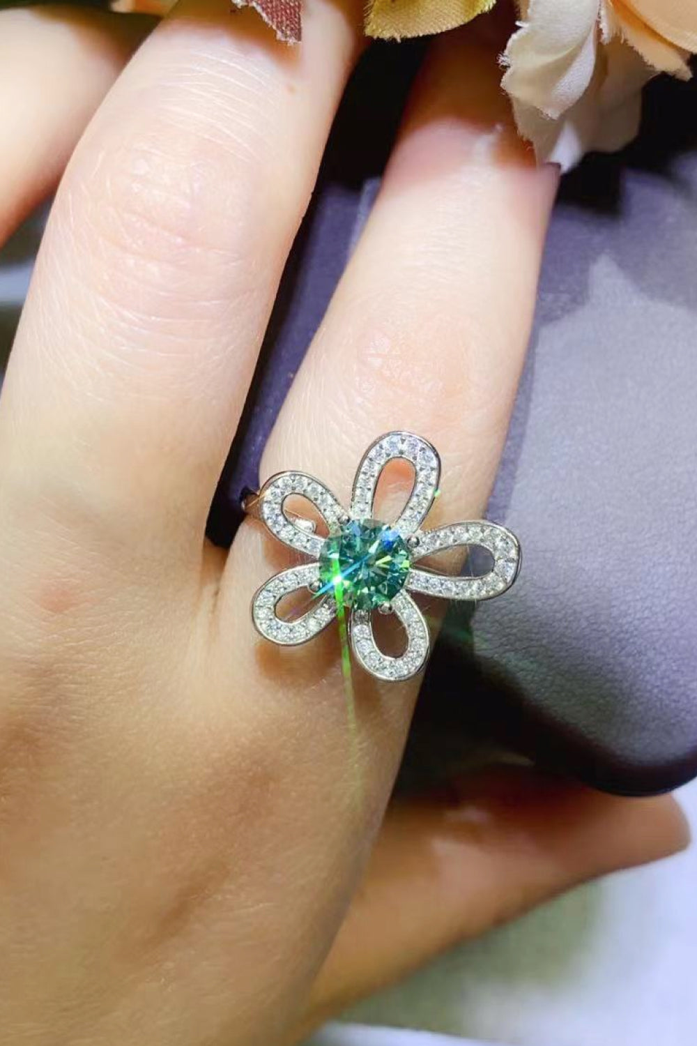 Women 1 Carat Moissanite Flower Shape Open Ring