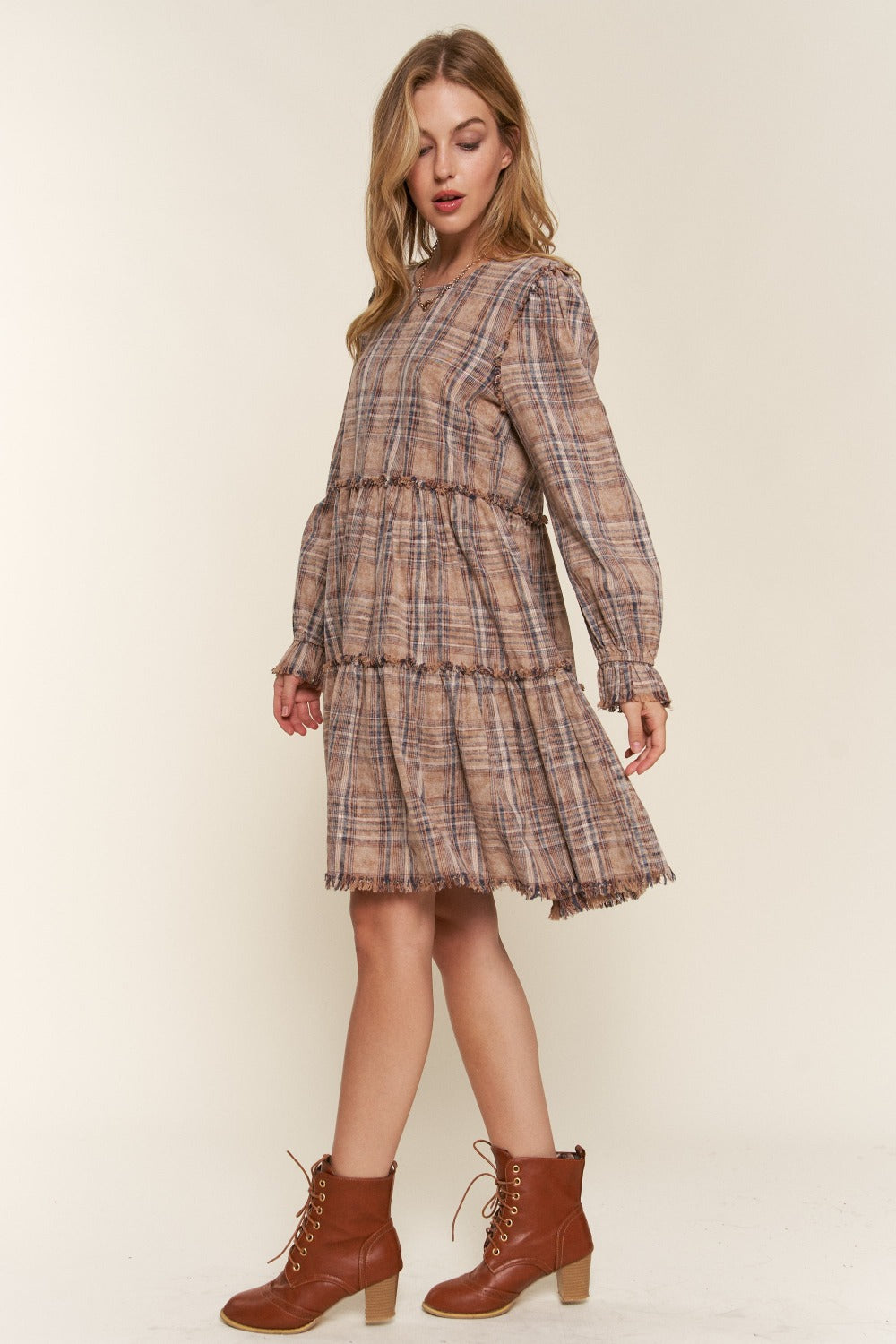 Women Full Size Washed Frayed Tiered Plaid Dress