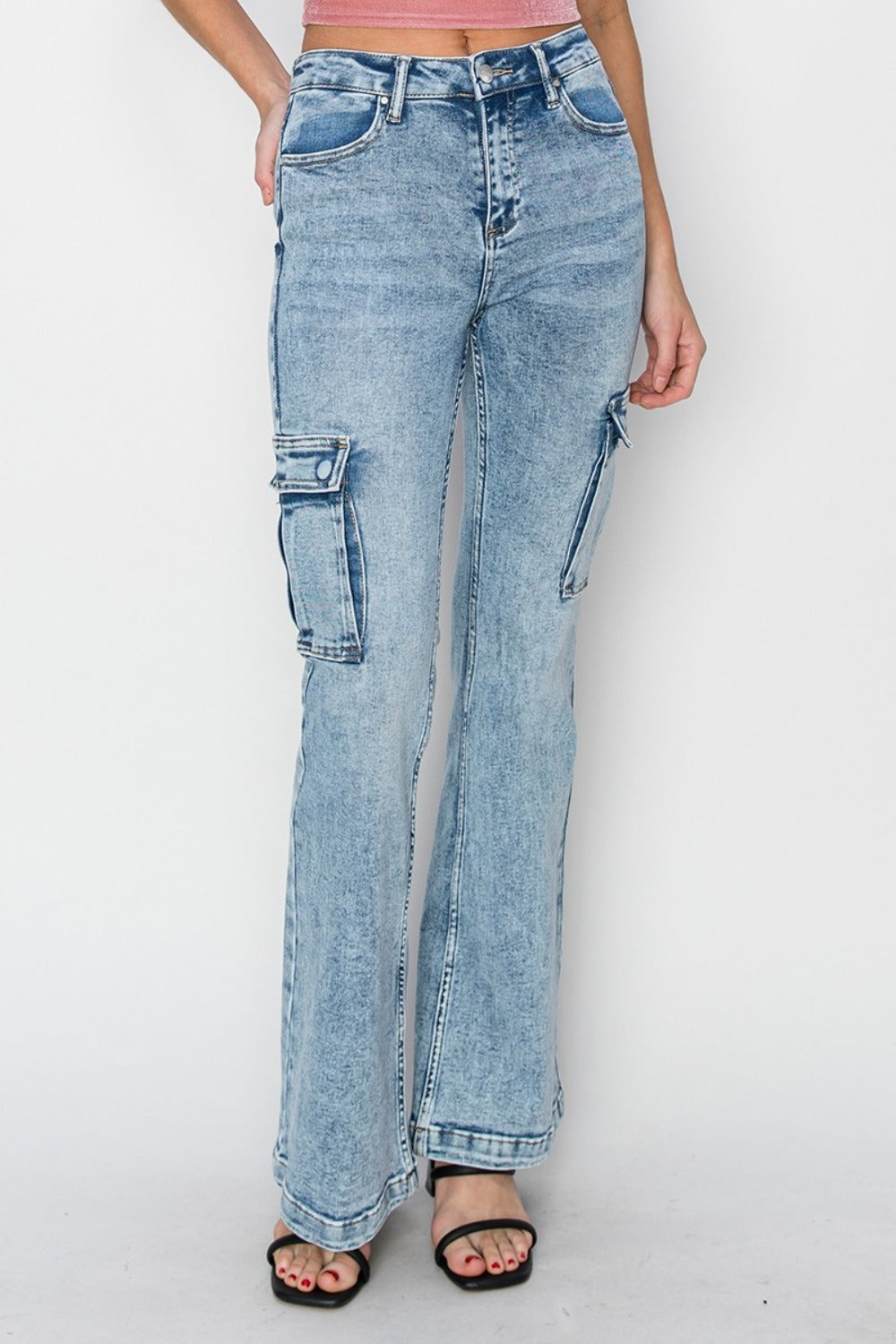 Women Full Size High Rise Cargo Flare Jeans