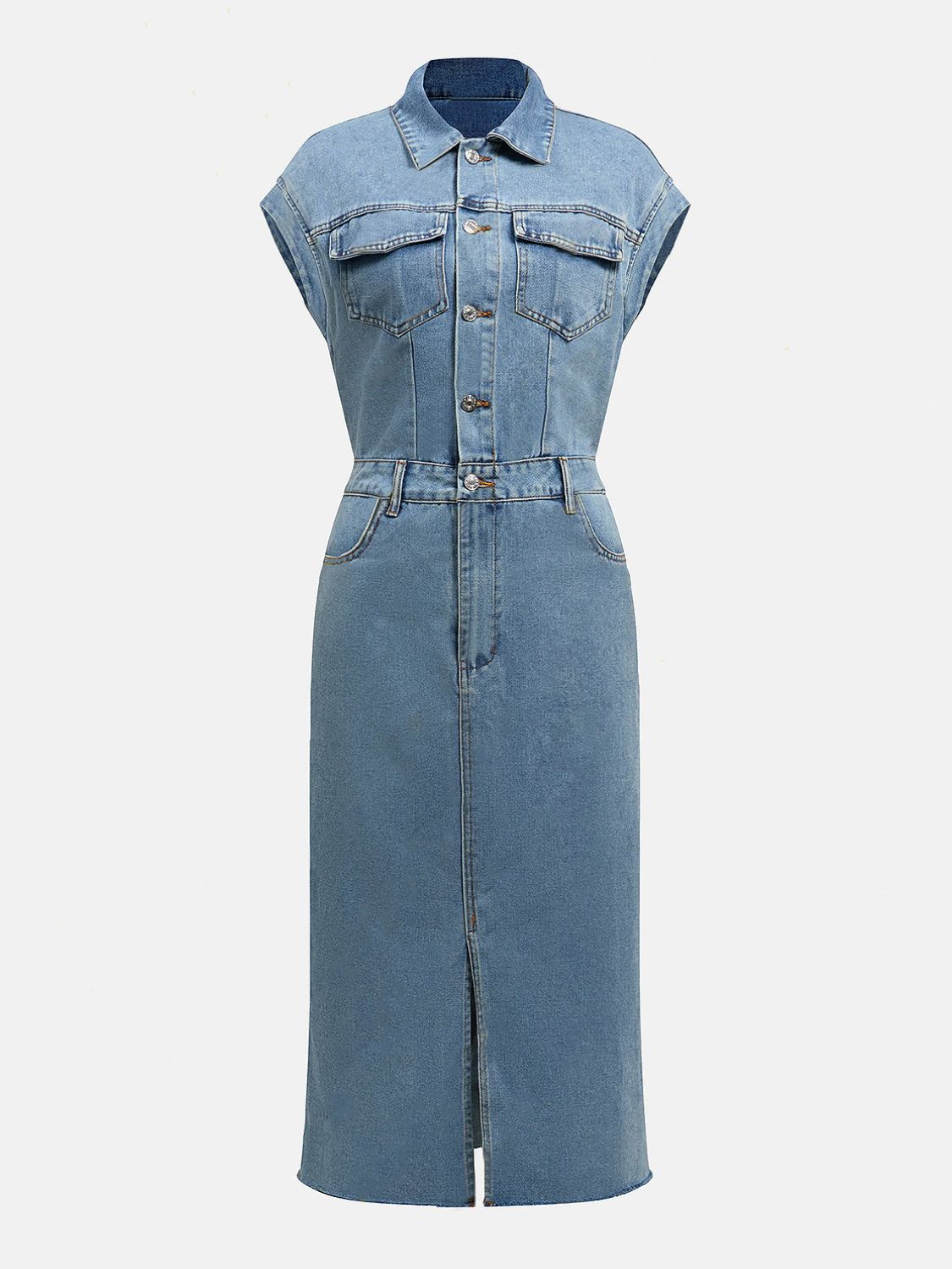 Women Slit Half Button Collared Neck Cap Sleeve Denim Dress