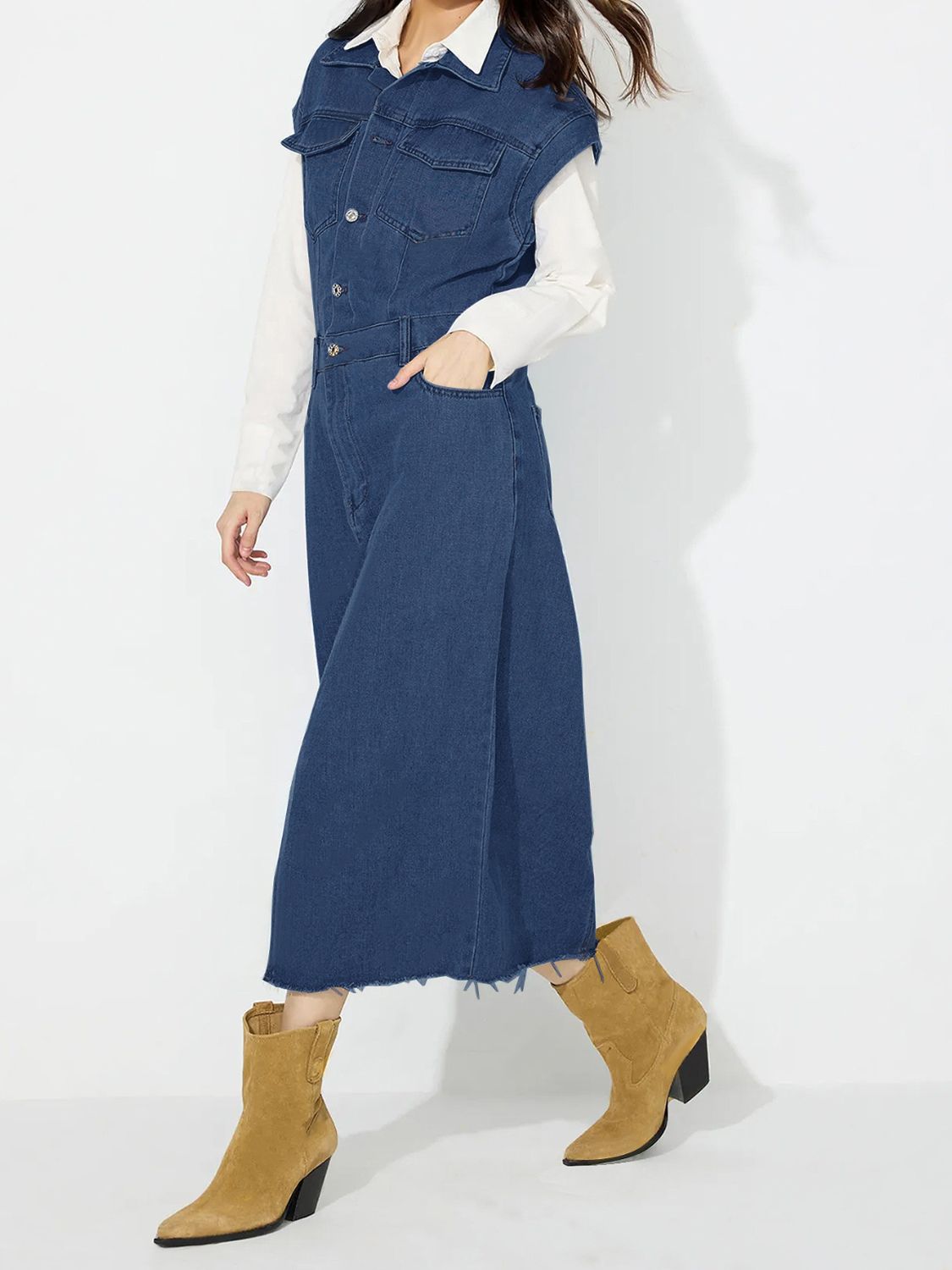 Women Slit Half Button Collared Neck Cap Sleeve Denim Dress