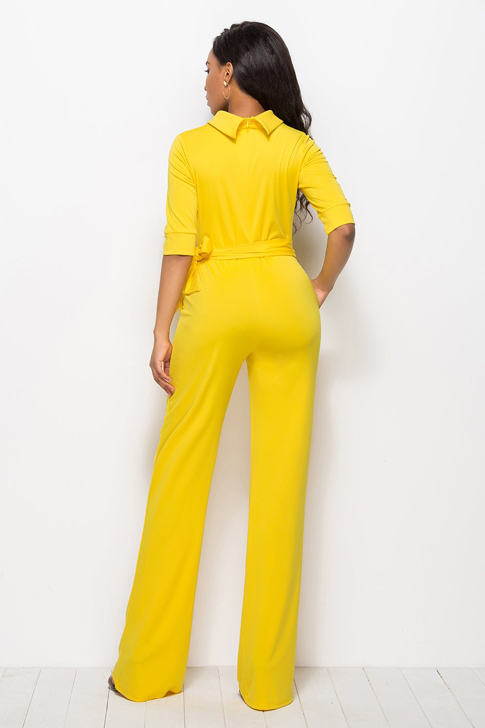 Women Mock Neck Tie-Waist Half Sleeve Jumpsuit