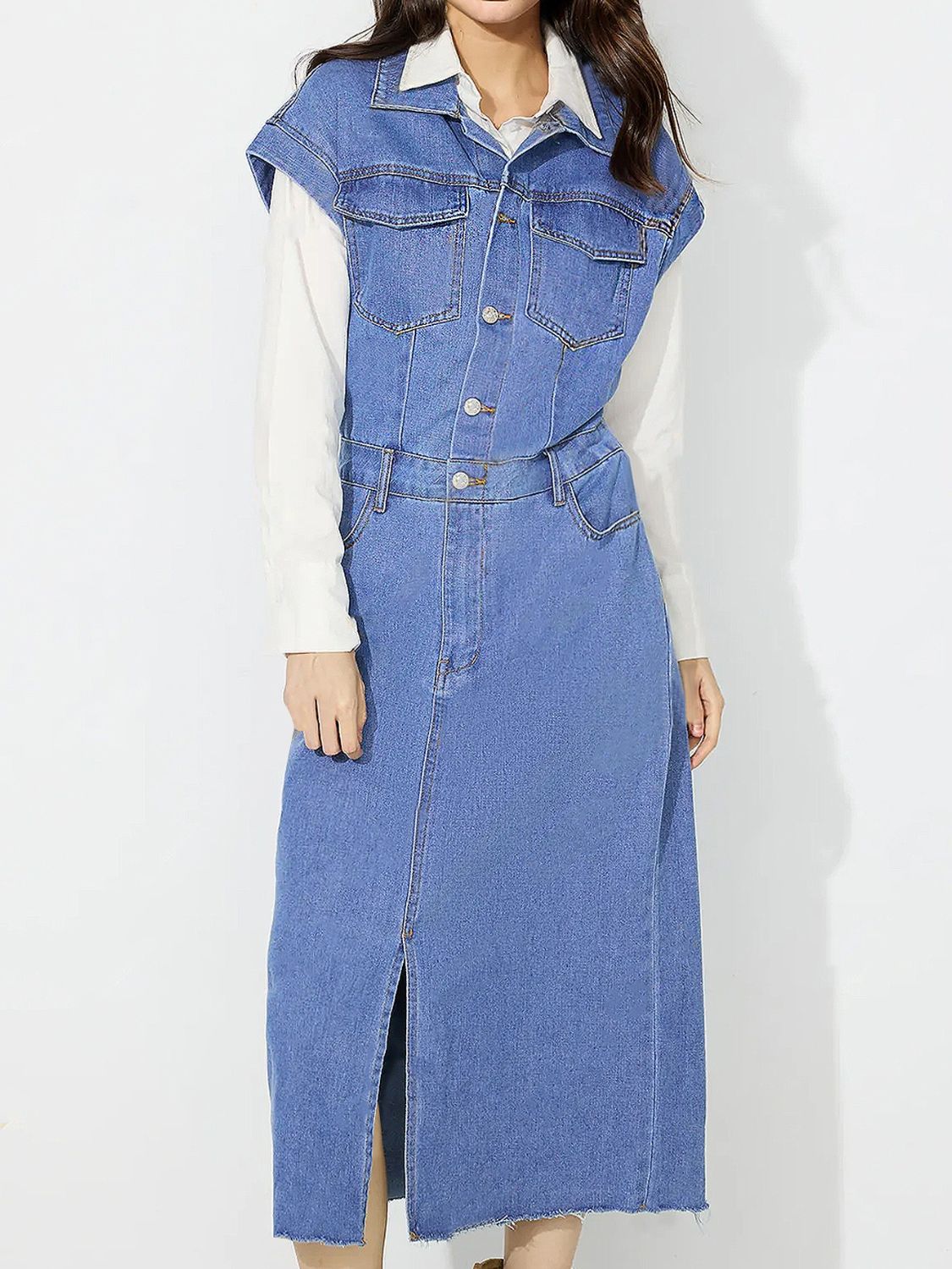 Women Slit Half Button Collared Neck Cap Sleeve Denim Dress