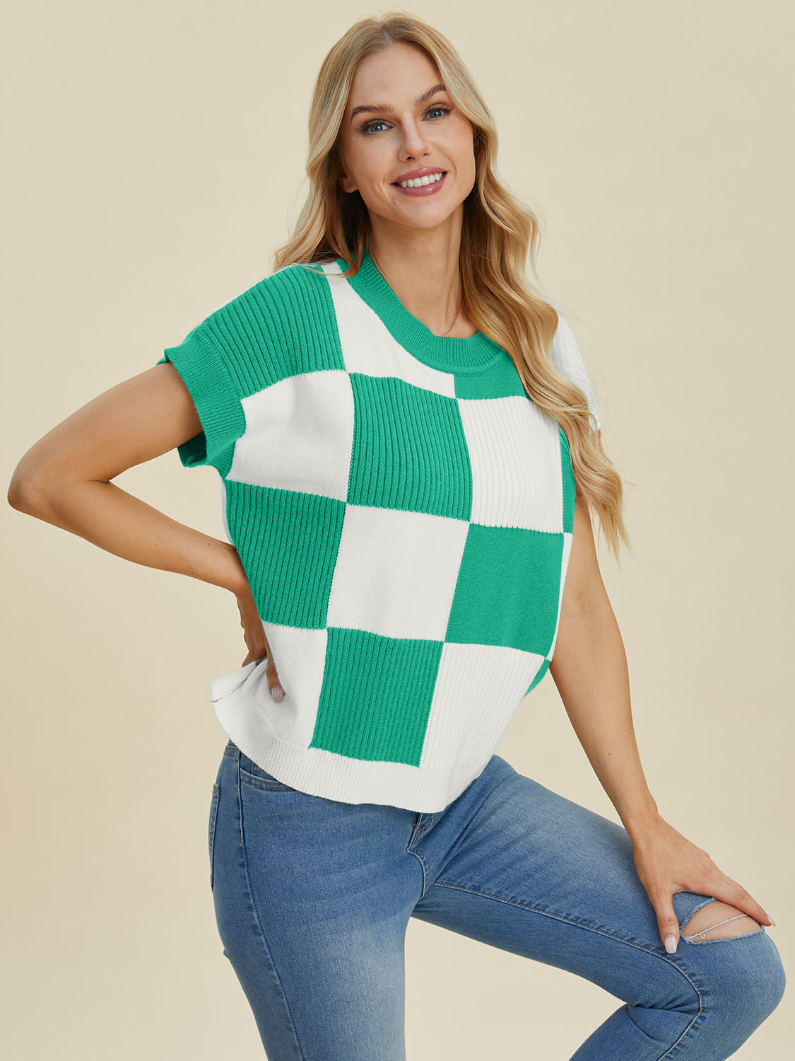 Women Full Size Checkered Round Neck Short Sleeve Sweater