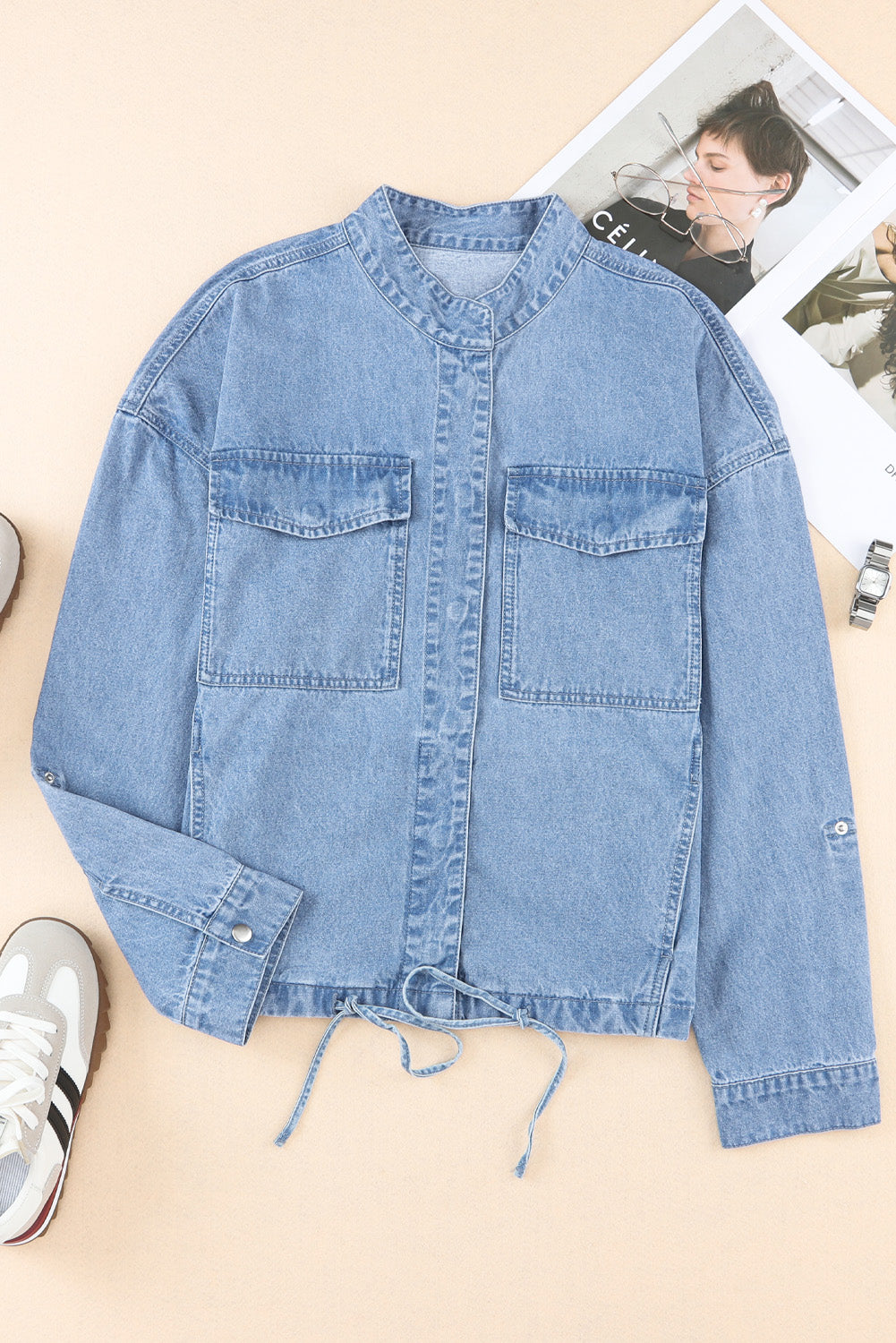 Women Drawstring Snap Down Denim Jacket with Chest Pockets
