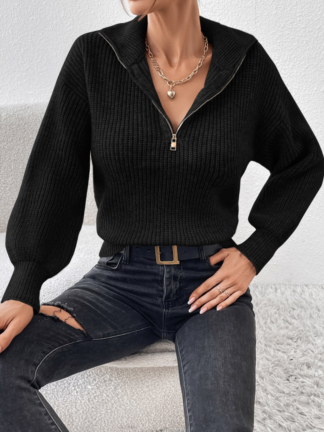 Women Half Zip Dropped Shoulder Sweater