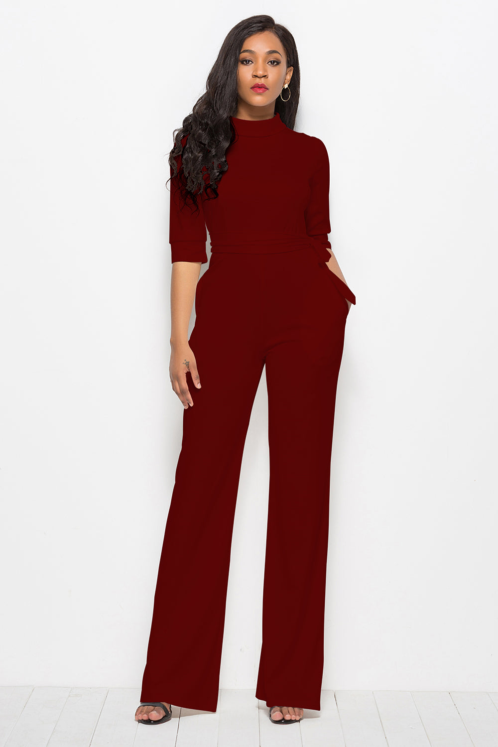 Women Mock Neck Tie-Waist Half Sleeve Jumpsuit