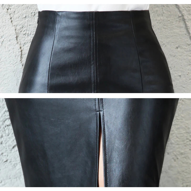 Women Elegance Edge Autumn Winter Leather Slit Skirt