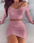 Load image into Gallery viewer, Women 2 Piece Knitted Off Shoulder V Neck Long Sleeve Shoulder Crop Top Skirt Party Outfit
