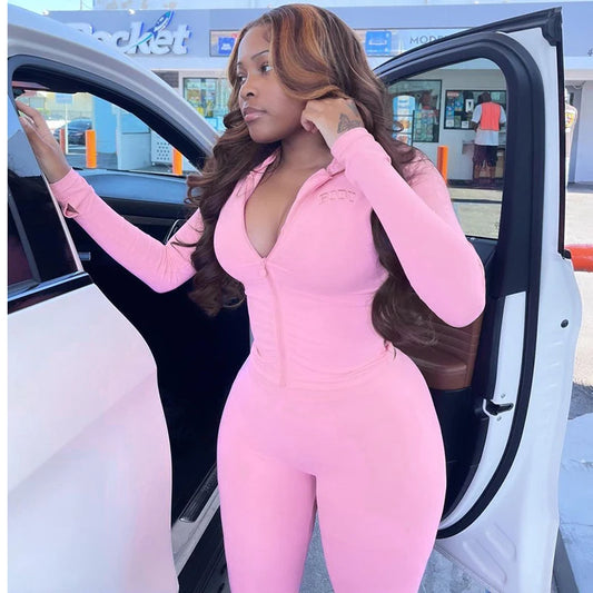 Women Autumn Two-Piece Chic Hooded Jacket Pencil Pants Matching Outfit