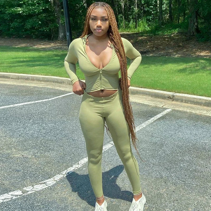 Women Autumn Two-Piece Chic Hooded Jacket Pencil Pants Matching Outfit