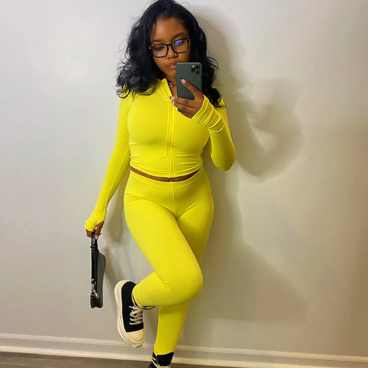 Women Autumn Two-Piece Chic Hooded Jacket Pencil Pants Matching Outfit