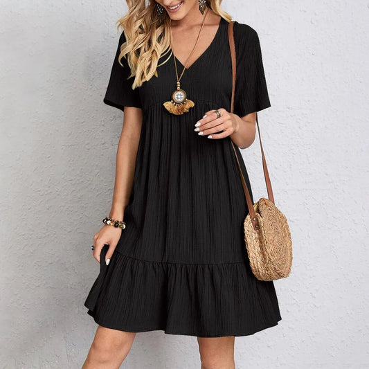 Women Elegant Vintage Solid Color Casual A-Line Loose Short Midi Dress