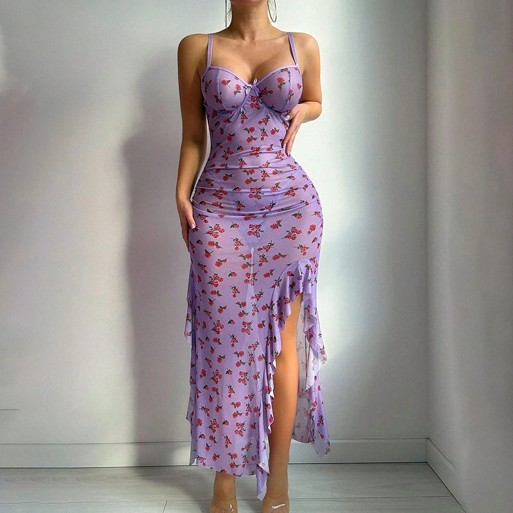 Women Butterfly Printed Spaghetti Strap Slim Slit Breathable Night Dress