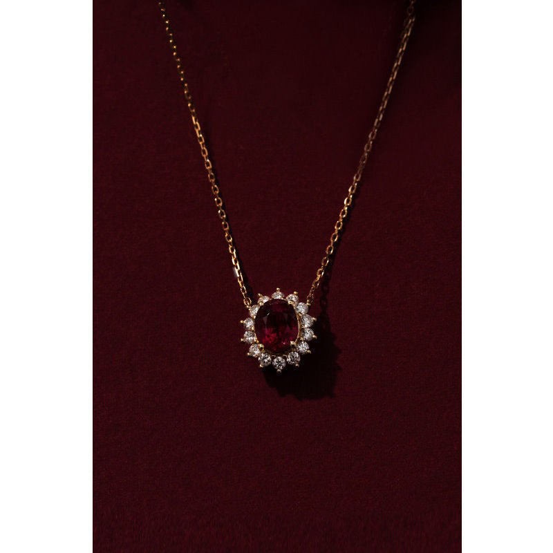 Women Ruby Red Treasure Tourmaline Necklace 18K Gold Plated Diamond