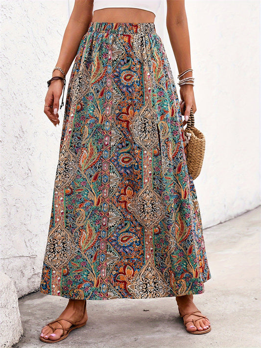 Women Slit Printed Elastic Waist Skirt