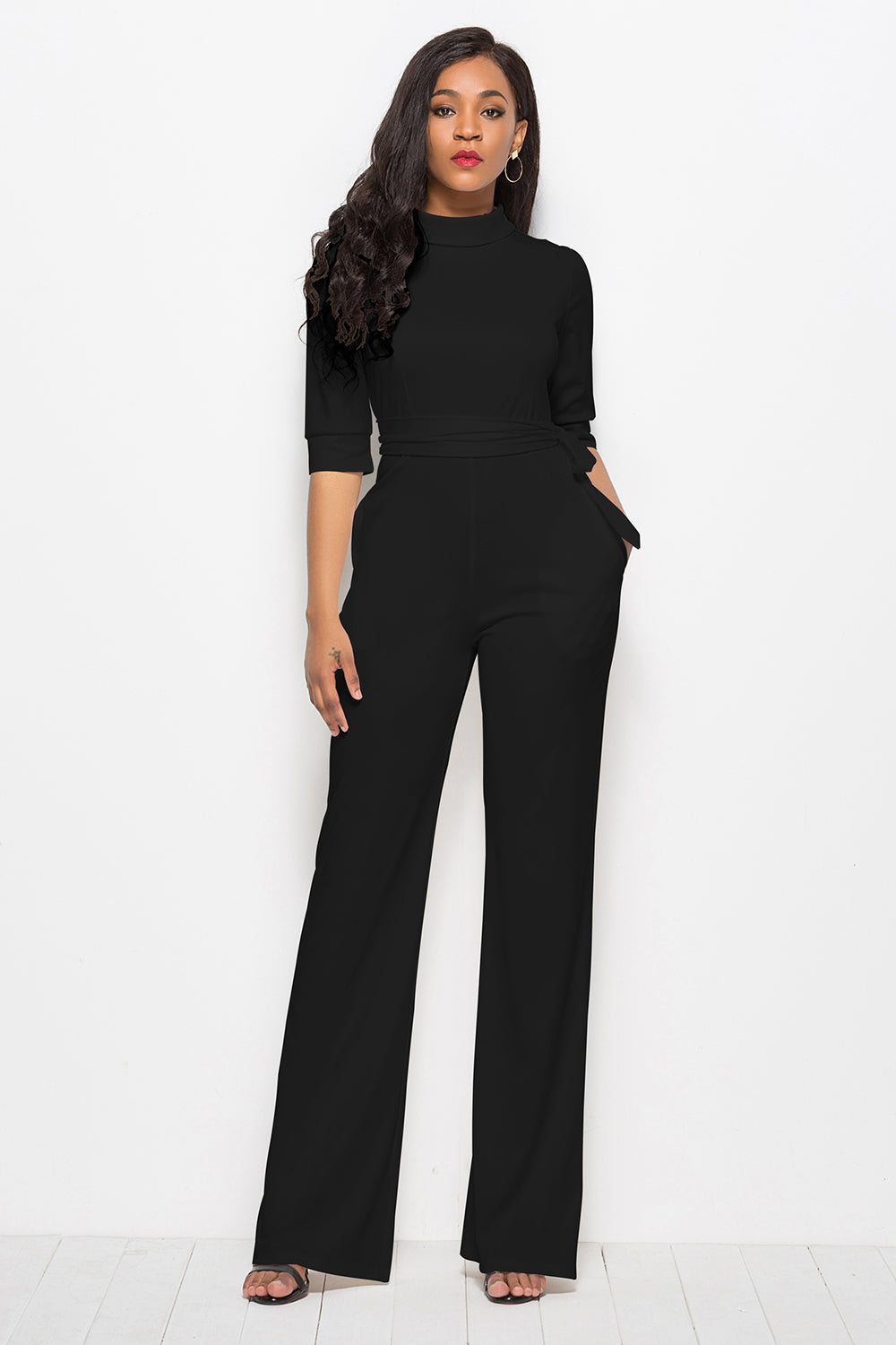 Women Mock Neck Tie-Waist Half Sleeve Jumpsuit