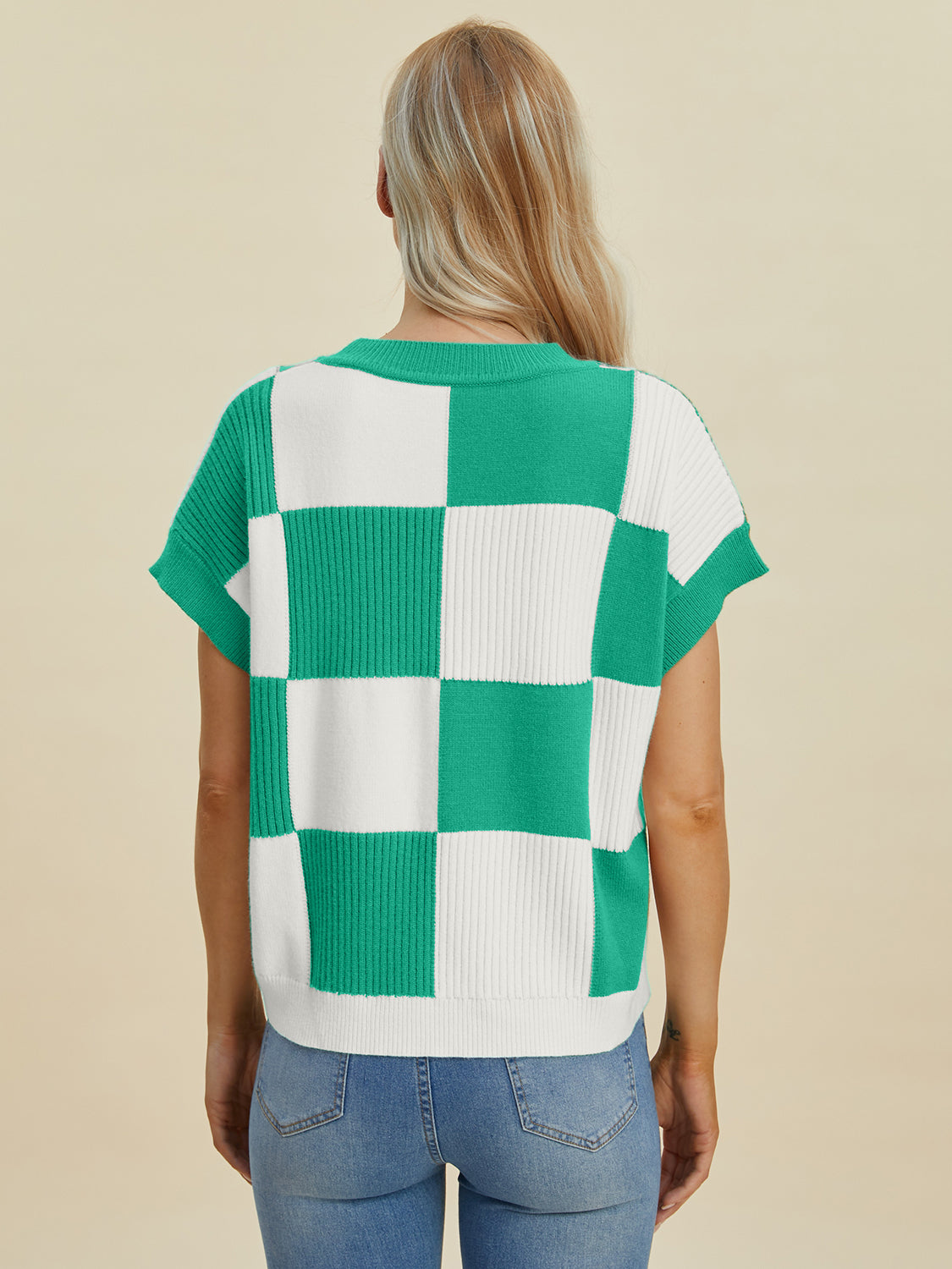 Women Full Size Checkered Round Neck Short Sleeve Sweater