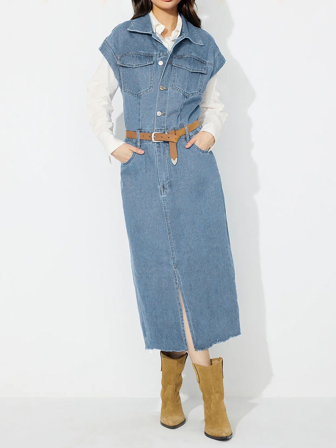 Women Slit Half Button Collared Neck Cap Sleeve Denim Dress