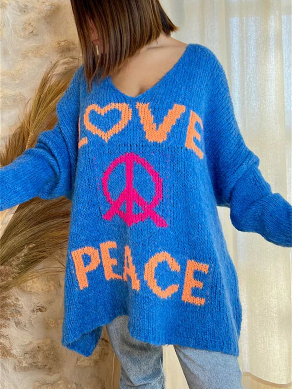 Women Peace Graphic V-Neck Long Sleeve Sweater