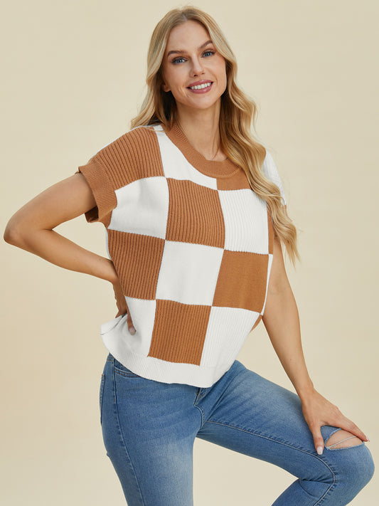 Women Full Size Checkered Round Neck Short Sleeve Sweater