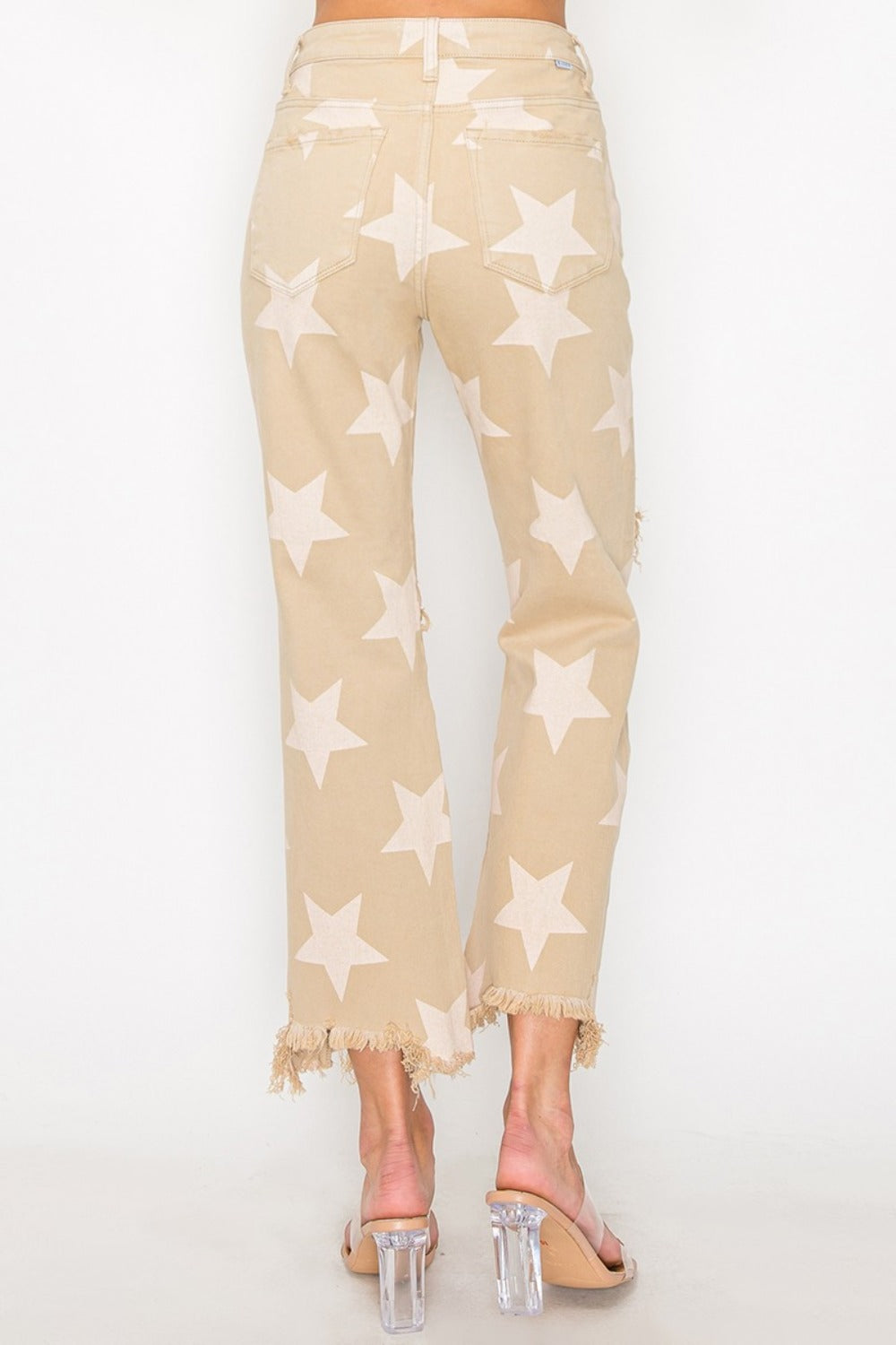 Women Full Size High Rise Star Printed Frayed Hem Jeans
