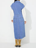 Load image into Gallery viewer, Women Slit Half Button Collared Neck Cap Sleeve Denim Dress