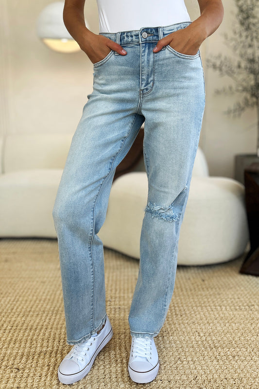 Women Full Size High Waist Distressed Straight Jeans
